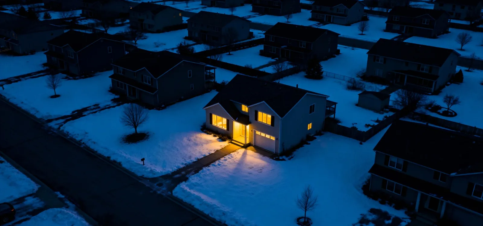 Quartier enneigé dans le noir pendant une panne, une maison reste éclairée par sa batterie (photo : Sigenergy)