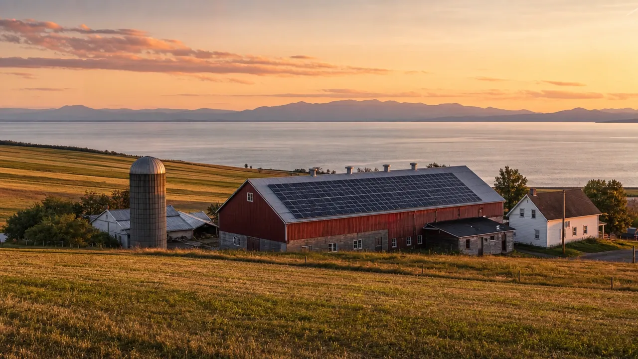 Illustration : ferme laitière de la rive sud de l'estuaire du Saint-Laurent au coucher du soleil, panneaux solaires sur le toit de la grange, montagnes de Charlevoix au loin