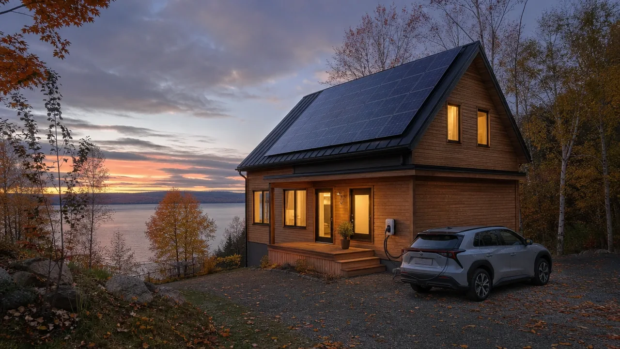 Illustration : maison de bois au bord du lac Témiscouata au crépuscule, panneaux solaires sur le toit et voiture électrique branchée à sa borne