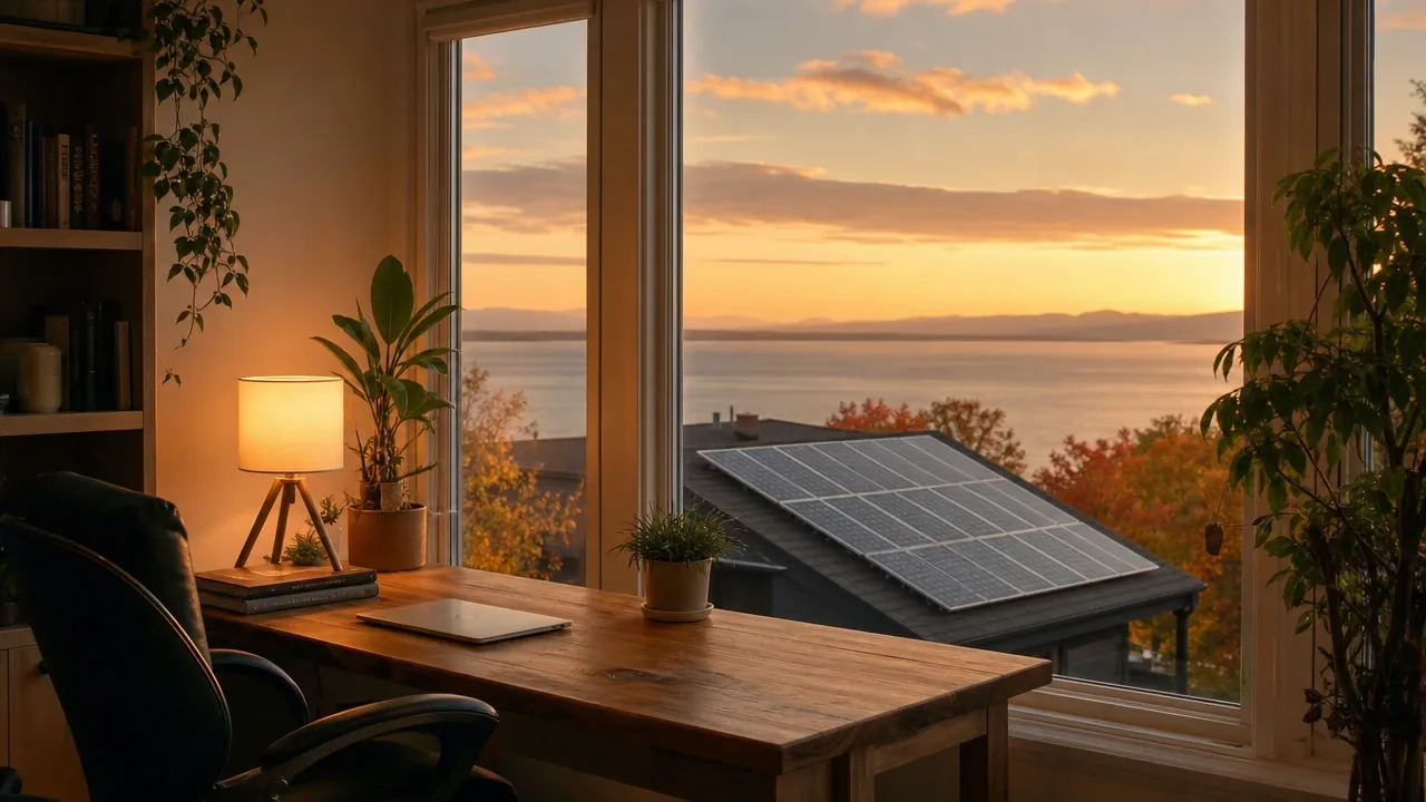 Illustration : bureau à domicile en automne, toit solaire voisin et fleuve Saint-Laurent par la fenêtre