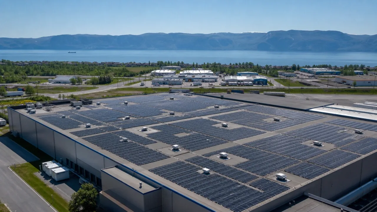 Illustration : entrepôt et usine à toit plat de Rivière-du-Loup couverts de panneaux solaires, Charlevoix de l'autre côté du fleuve
