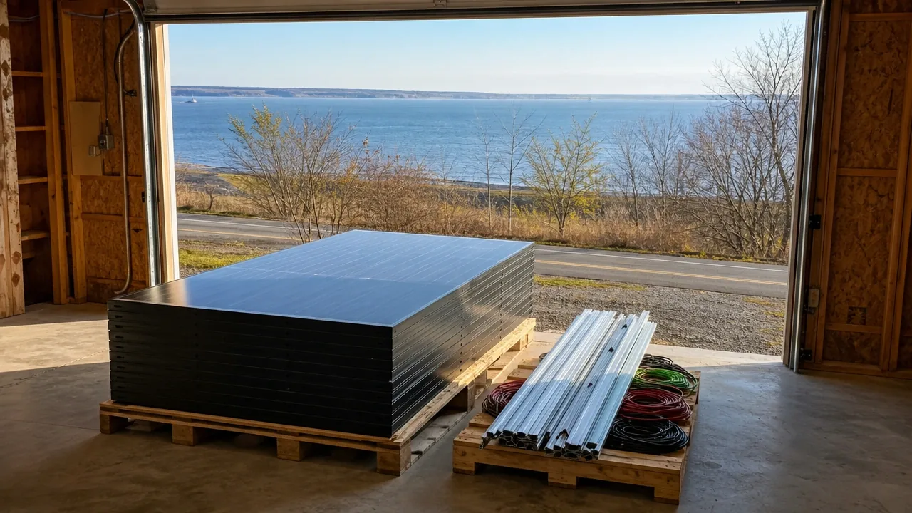 Illustration : panneaux solaires, rails et câbles sur une palette dans un garage ouvert, route côtière au loin