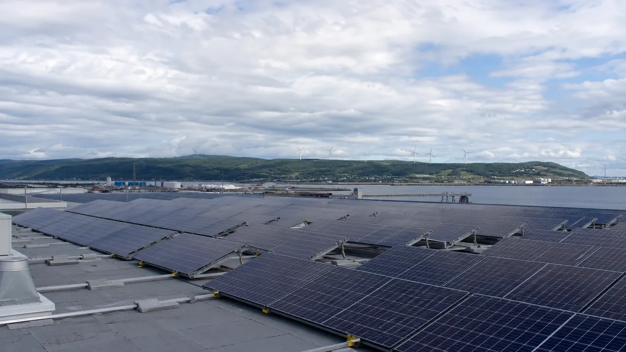 Illustration : panneaux solaires bifaciaux sur le toit plat d'un entrepôt près du port de Matane, collines au loin