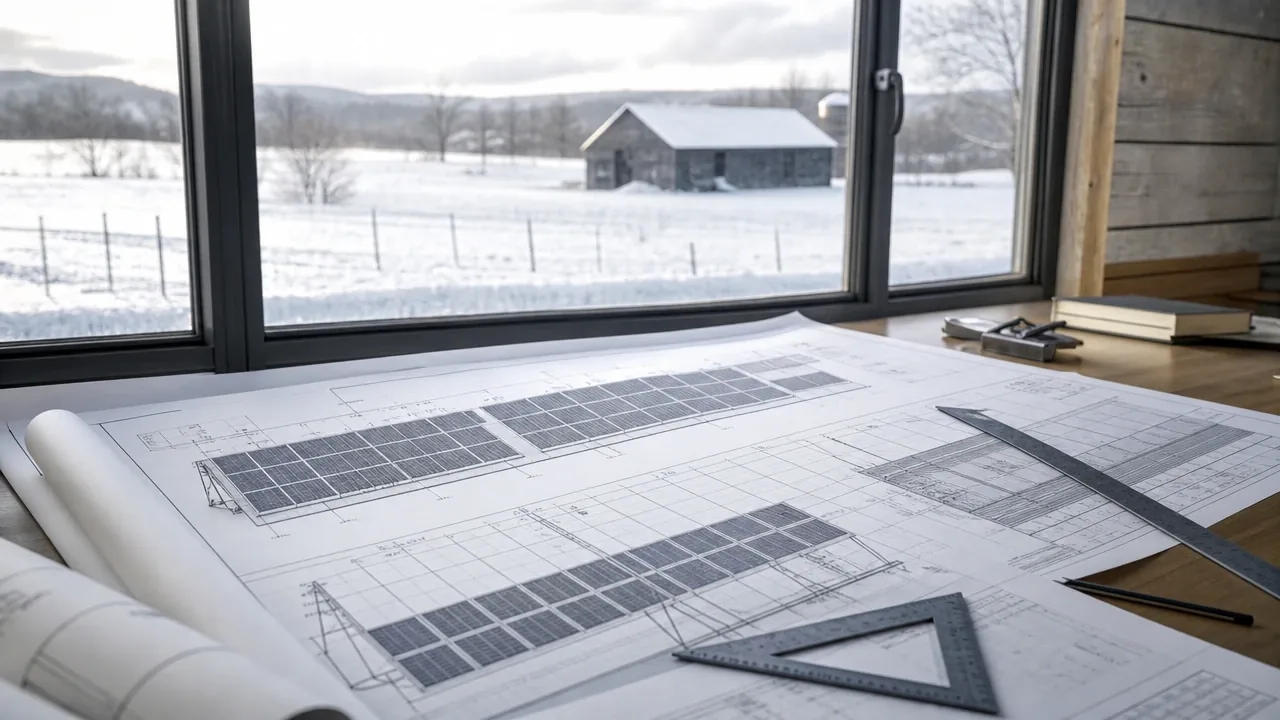 Illustration : plans d'ingénierie d'un toit d'étable solaire sur une table à dessin, champ enneigé par la fenêtre