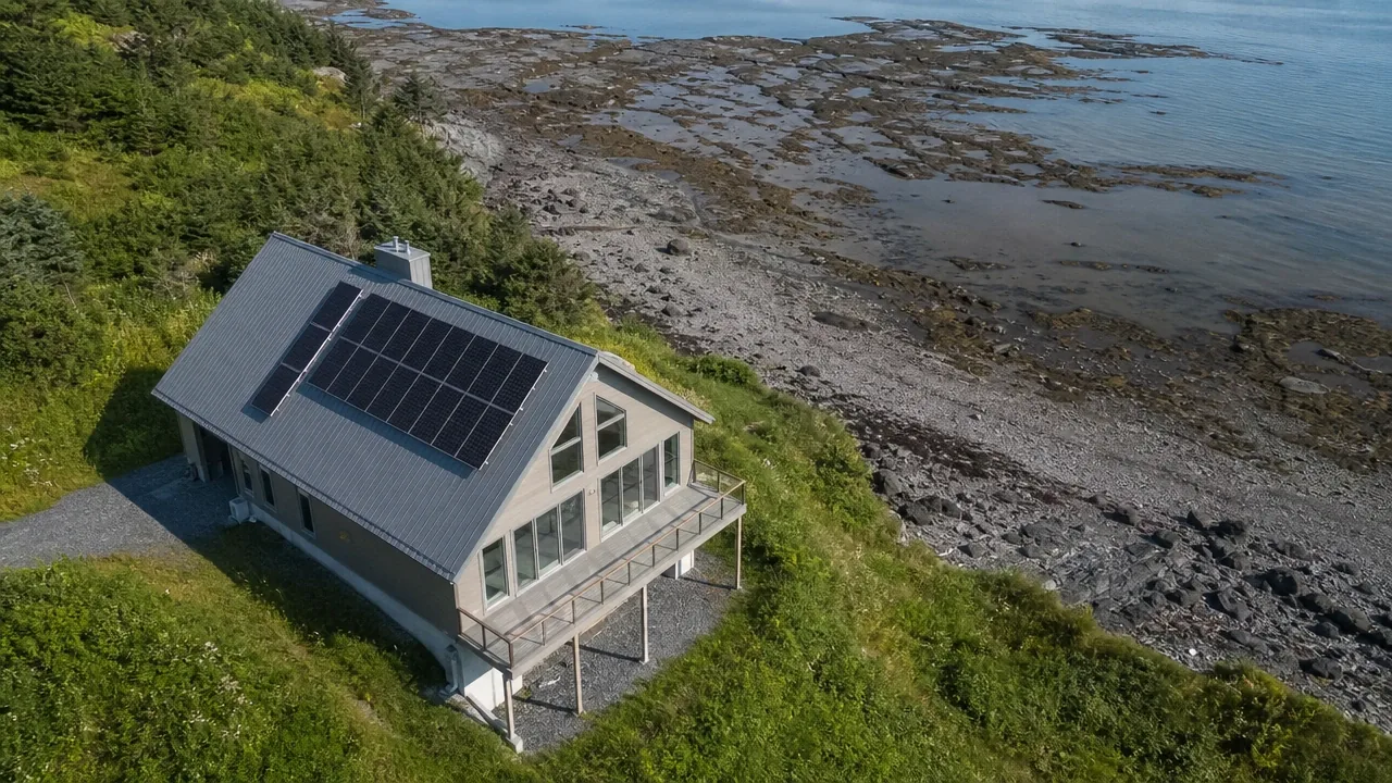 Illustration : vue de drone d'une maison du littoral de La Mitis, panneaux solaires sur le versant sud, marée basse à côté