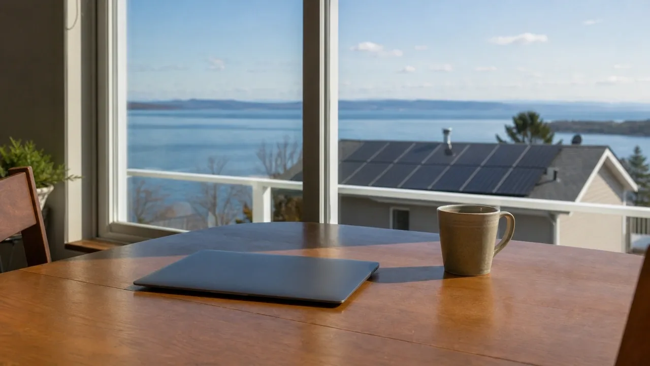 Illustration : table de cuisine face au fleuve Saint-Laurent, toit solaire d'une maison voisine par la fenêtre