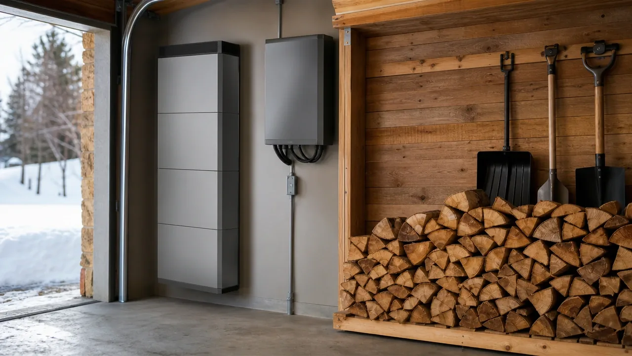 Illustration : batterie solaire murale et onduleur dans le garage d'une maison de campagne, bois de chauffage cordé