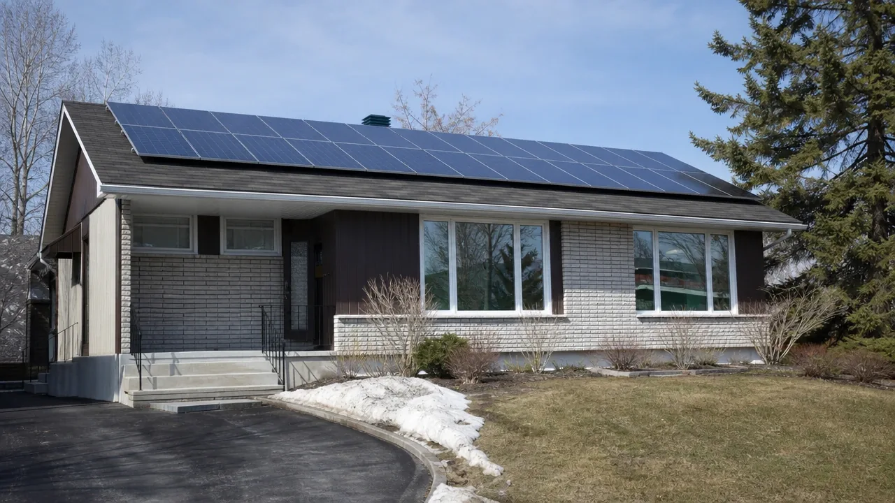 Illustration : bungalow des années 1970 à Rimouski au printemps, toit couvert de panneaux solaires neufs