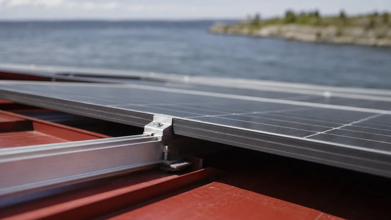 Illustration : pinces et rail de montage solaire sur un toit en tôle rouge à joints debout, fleuve au loin