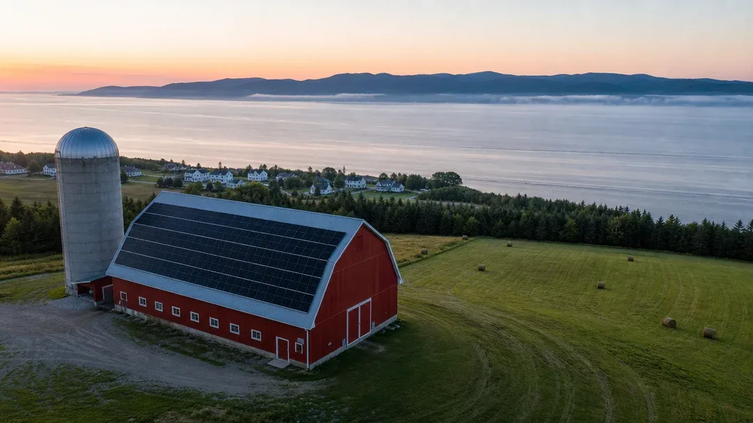 Illustration : une grange laitière au toit couvert de panneaux solaires, à l'aube, au-dessus du Saint-Laurent