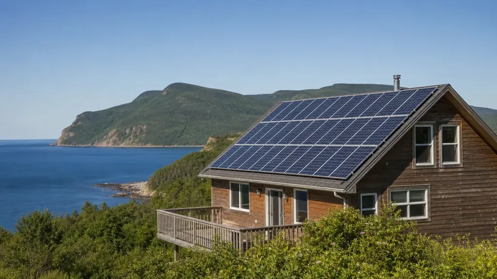 Illustration : maison de bois face à la baie des Chaleurs, panneaux solaires sur le toit en pente, montagnes gaspésiennes au loin