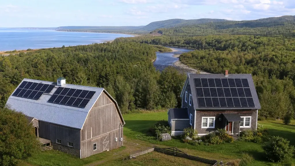 Illustration : petite ferme au bord de la baie des Chaleurs, panneaux solaires sur les toits de la grange et de la maison