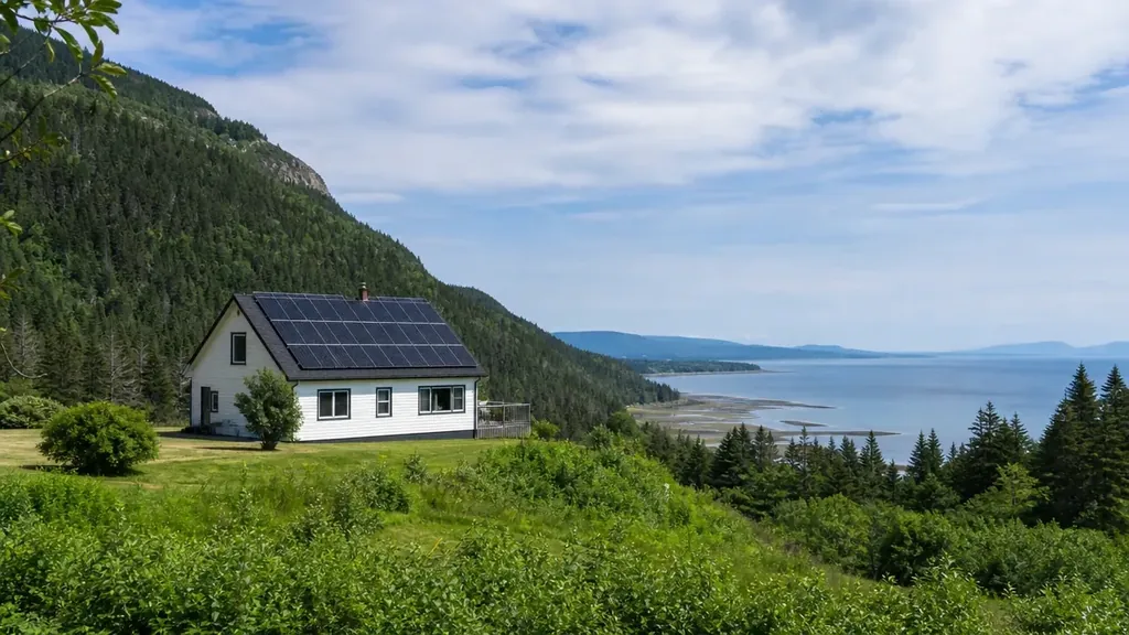 Illustration : maison rurale sur une terrasse dominant l'estuaire près de Matane, panneaux solaires sur le toit