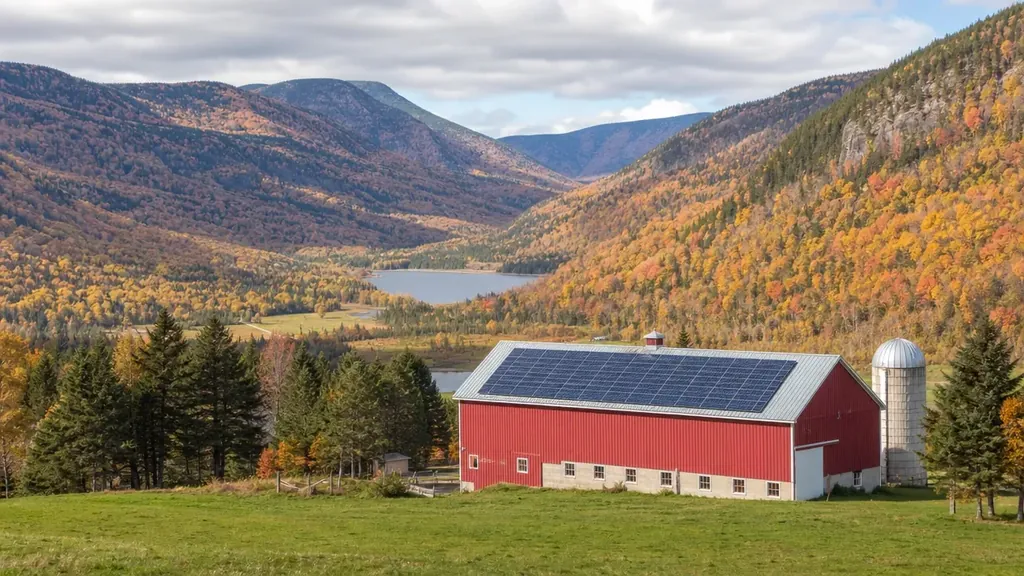 Illustration : ferme de la vallée de la Matapédia en automne, panneaux solaires sur le toit en tôle de la grange
