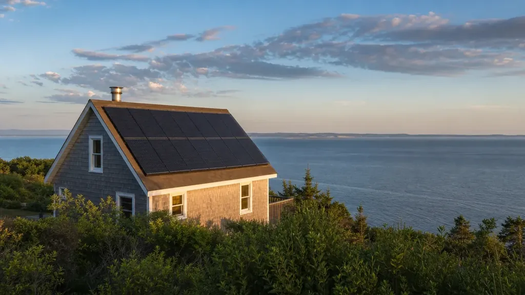 Illustration : maison côtière de La Mitis au bord du fleuve, panneaux solaires sur le toit