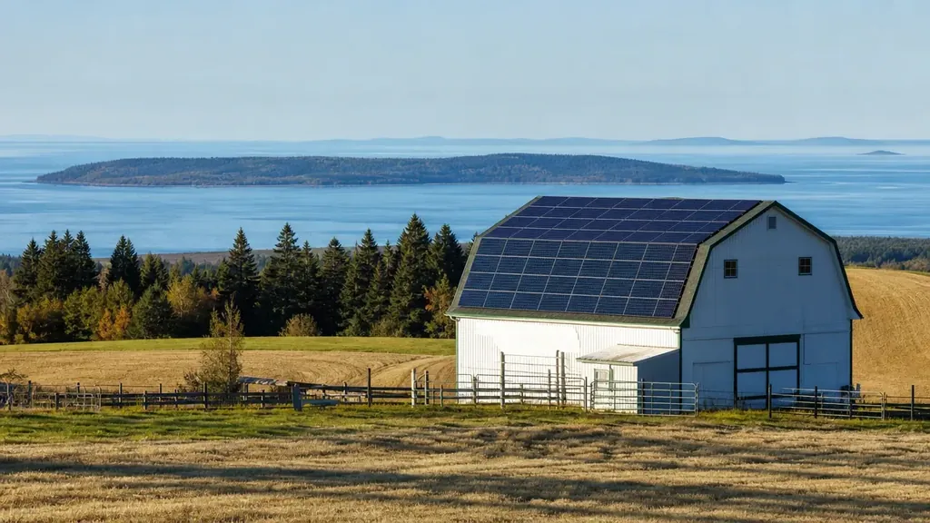 Illustration : ferme du plateau des Basques avec l'estuaire au loin, panneaux solaires sur le toit de la grange