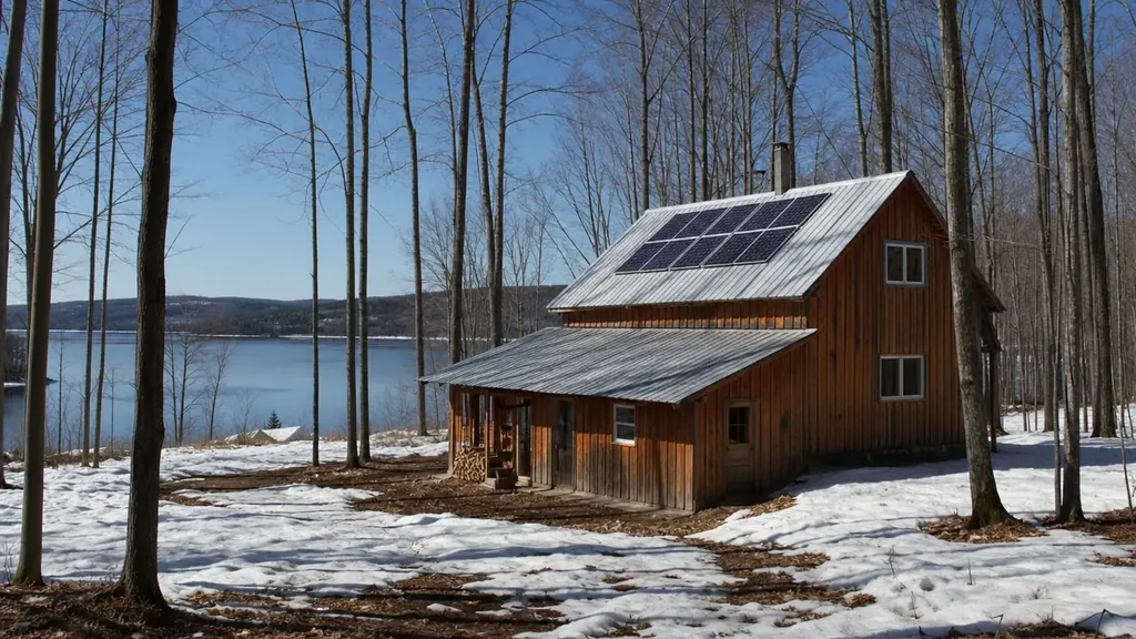 Illustration : cabane à sucre d'une érablière du Témiscouata près d'un lac, panneaux solaires sur le toit