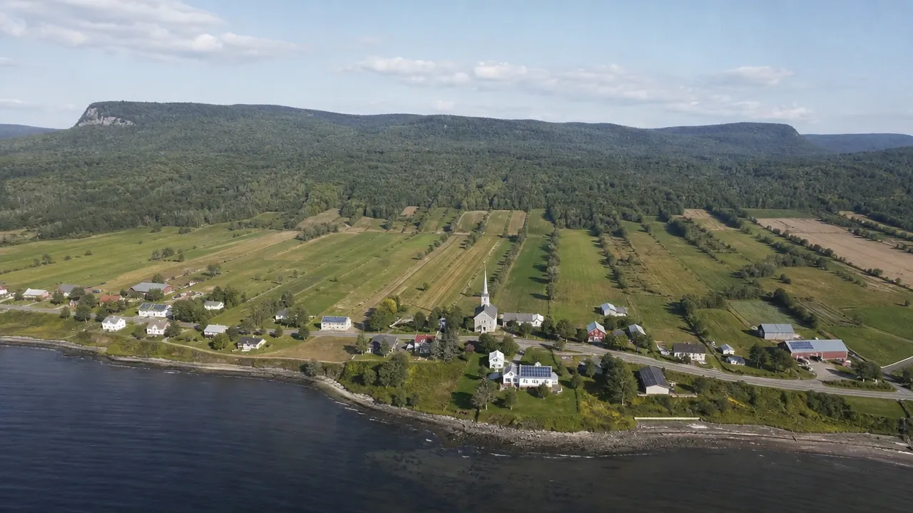 Illustration : vue aérienne d'un village de la côte du Bas-Saint-Laurent, rangs agricoles étirés du fleuve jusqu'au plateau forestier