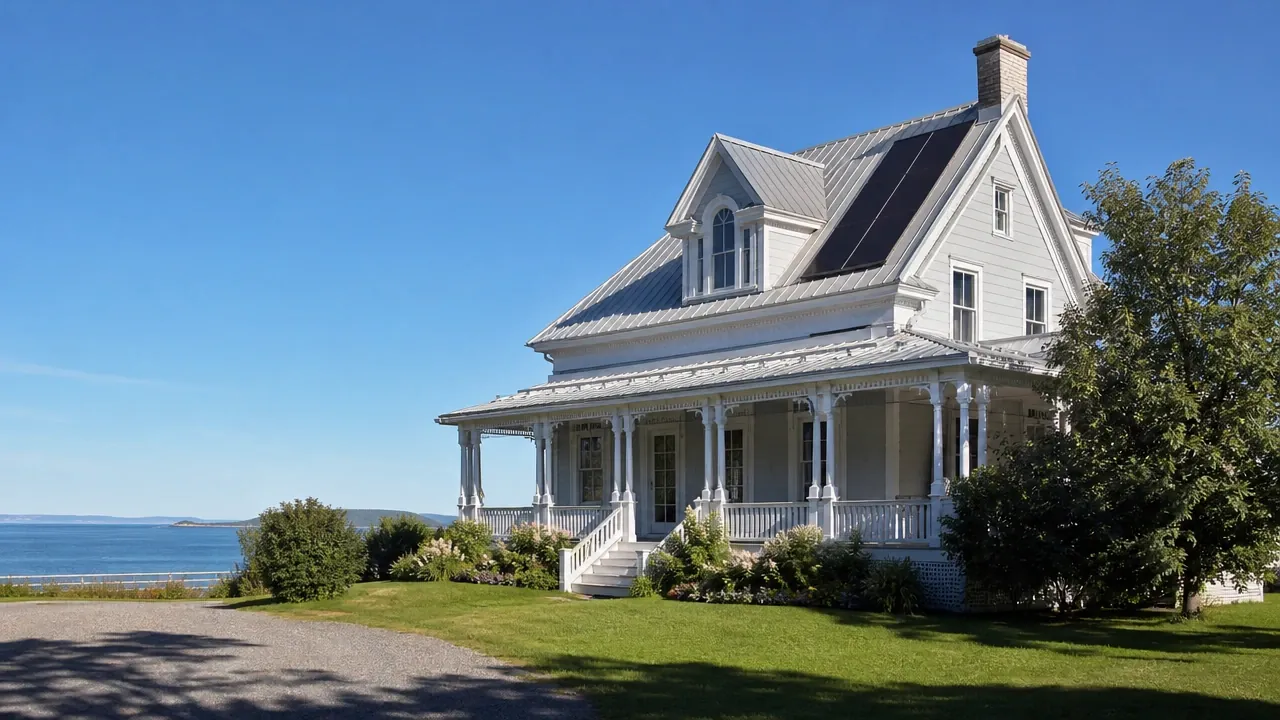 Illustration : villa patrimoniale au bord de l'estuaire, panneaux solaires intégrés discrètement au toit