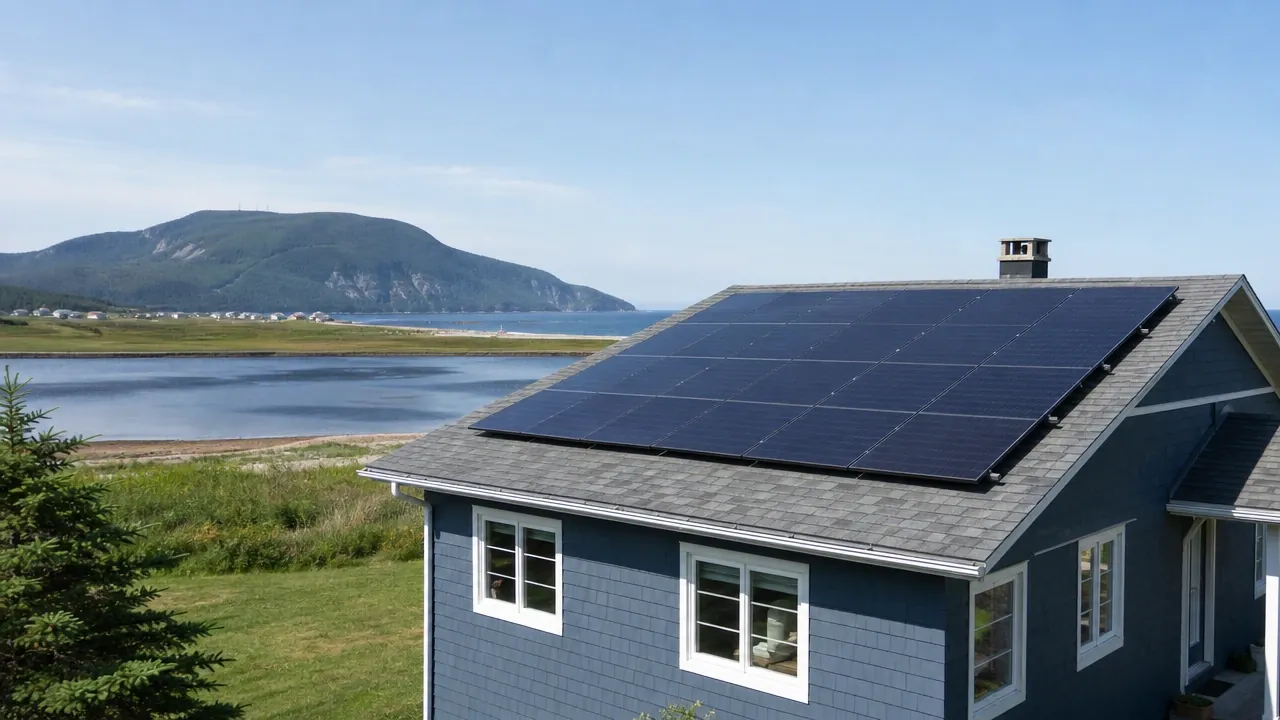 Illustration : maison côtière, panneaux solaires posés à plat sur le toit en pente, barachois et mont Saint-Joseph au loin