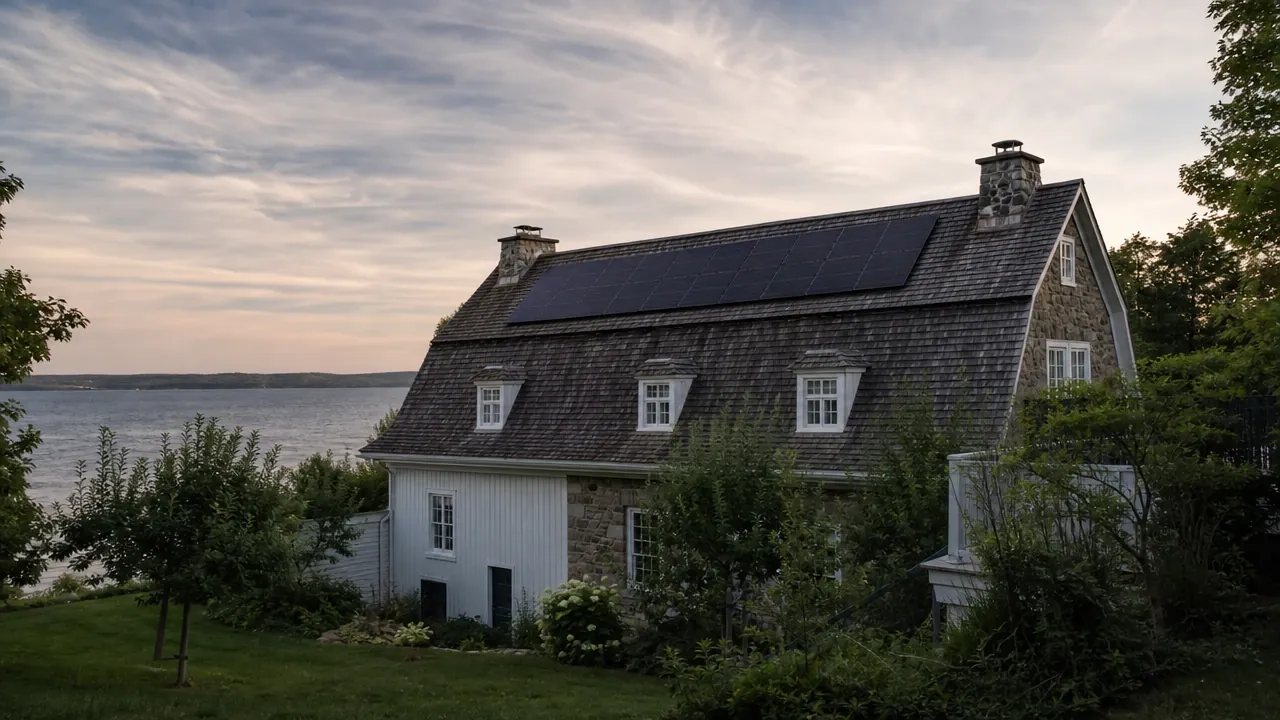 Illustration : maison ancestrale du village de Kamouraska face au fleuve, panneaux solaires posés à plat sur le versant arrière du toit