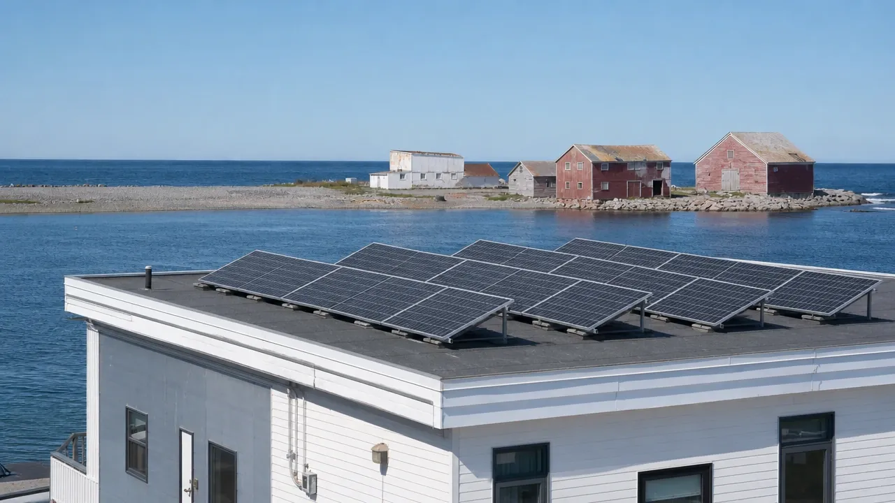 Illustration : bâtiment à toit plat avec panneaux solaires inclinés, entrepôts de pêche en bois sur le banc au loin