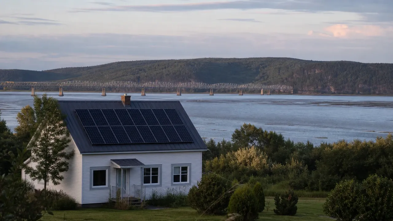 Illustration : maison rurale près de l'embouchure de la Ristigouche, panneaux solaires sur le toit, pont et collines au loin