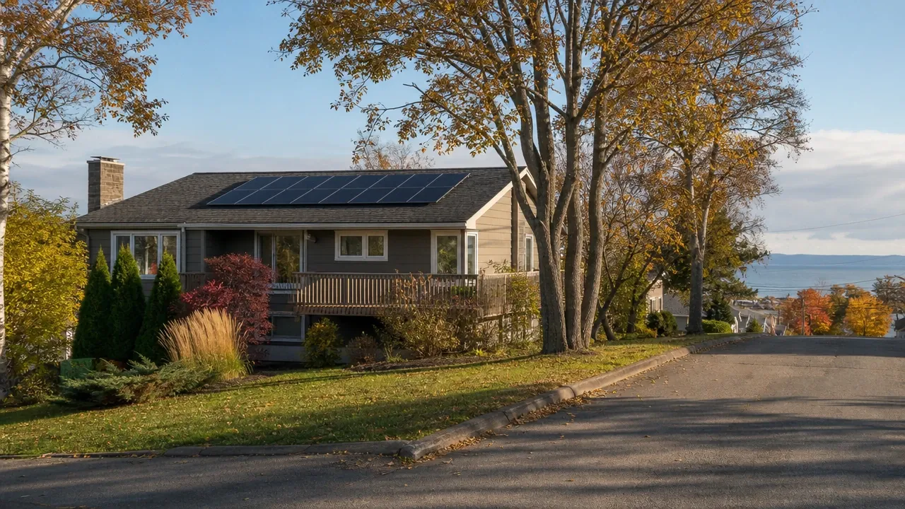 Illustration : maison d'une rue résidentielle de Rivière-du-Loup, panneaux solaires sur le versant arrière, sous le faîte