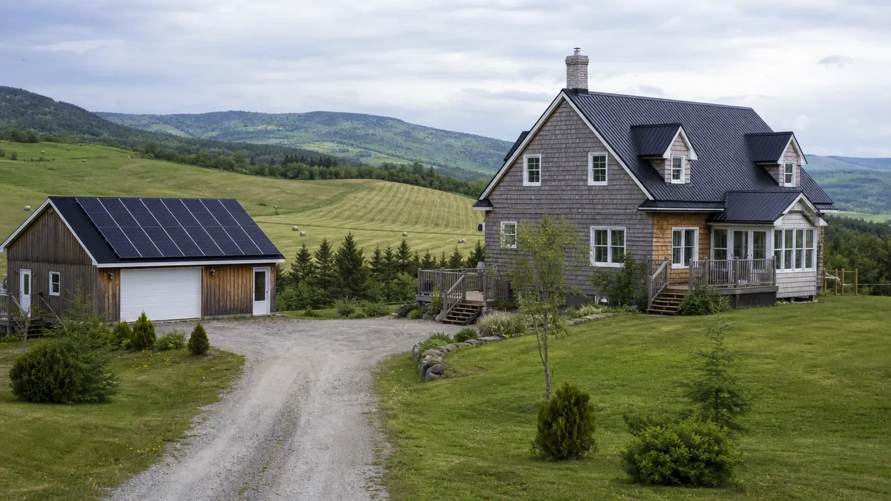 Illustration : maison de rang en bardeau et son garage en pays vallonné, panneaux solaires sur le toit du garage