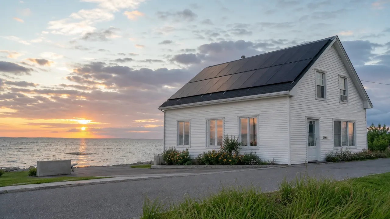 Illustration : maison de bord de mer à clins blancs, toit couvert de panneaux solaires, fleuve au coucher du soleil
