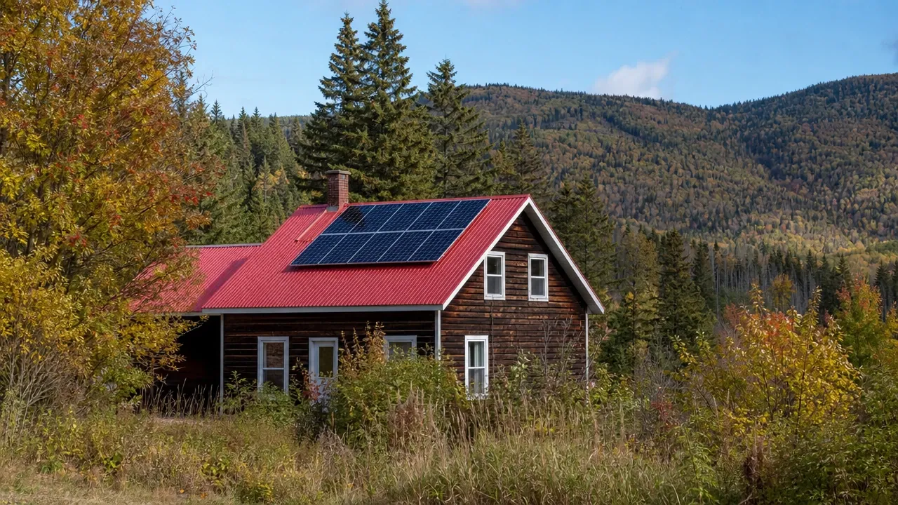 Illustration : maison de campagne au toit de tôle rouge dans l'arrière-pays forestier, panneaux solaires sur la toiture