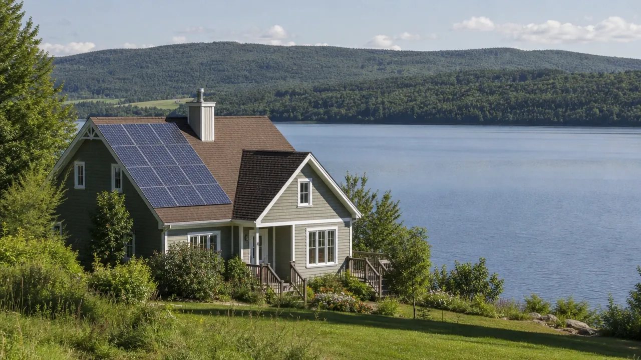 Illustration : maison au bord du lac Témiscouata, panneaux solaires sur le versant latéral du toit